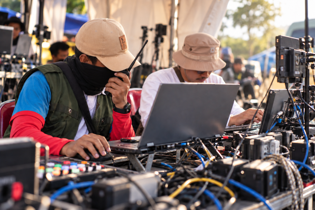 Kru i Creative Production mengoperasikan perangkat live streaming dan multicam di area control room outdoor